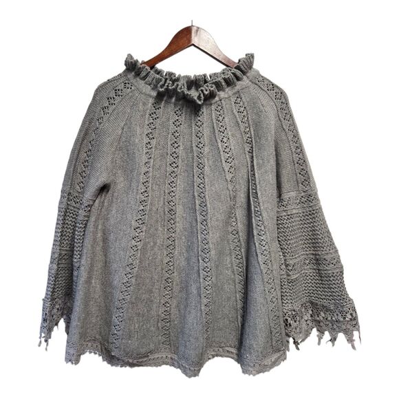 POL Sweaters - POL Sweater Wool Blend Poncho A Line  Crochet Lace Ruffle Gray SMALL Oversized‎